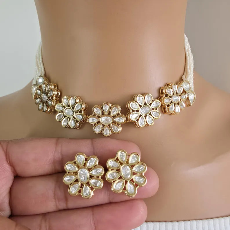 White Pearl Moissanite Kundan Necklace Choker set/Statement Choker Set/Indian Jewelry/Pakistani Jewelry/Wedding necklace/Bridal necklace
