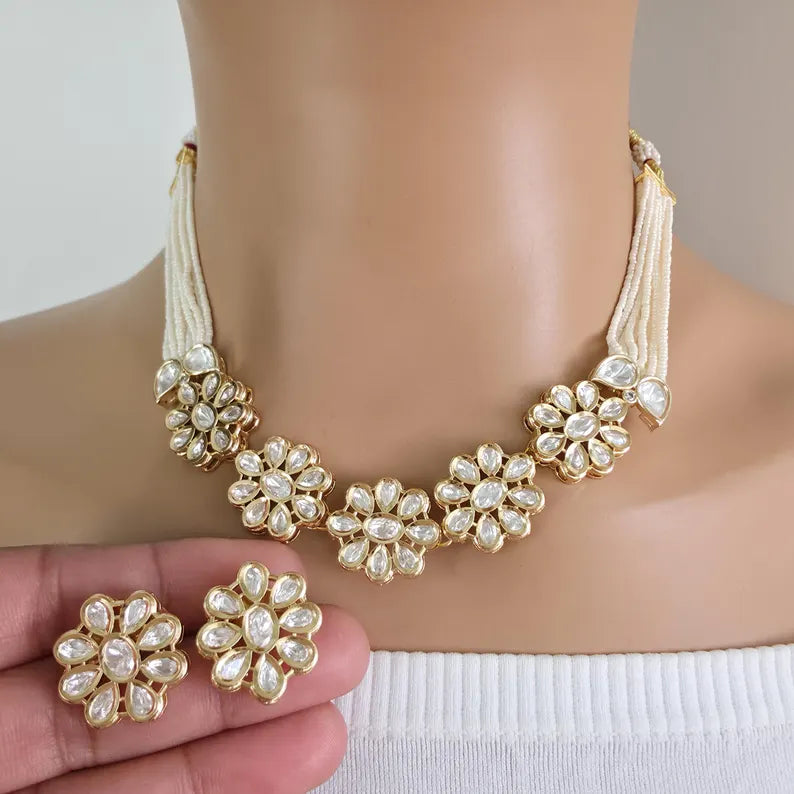 White Pearl Moissanite Kundan Necklace Choker set/Statement Choker Set/Indian Jewelry/Pakistani Jewelry/Wedding necklace/Bridal necklace