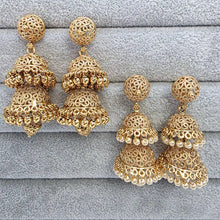 Gold plated jhumka/Double layered light weight Jhumka/Temple Jewelry/South Indian earrings/gold pearl jhumka/Traditional earrings/wedding