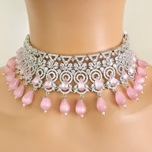 Pink Silver CZ Diamond Bridal necklace, American Diamond Necklace,Indian pakistani jewelry for wedding, gift for her,bridal jewelry