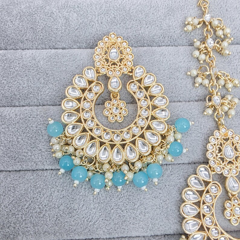 Aqua Blue Kundan Tikka w/ Earring Set- Indian Bridal Maang Tikka, Teeka, Tika Headpiece - Handmade Pearl Jewelry For Women - Bridesmaid Gift