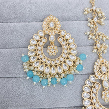 Aqua Blue Kundan Tikka w/ Earring Set- Indian Bridal Maang Tikka, Teeka, Tika Headpiece - Handmade Pearl Jewelry For Women - Bridesmaid Gift