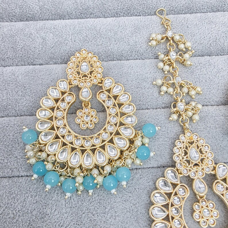 Aqua Blue Kundan Tikka w/ Earring Set- Indian Bridal Maang Tikka, Teeka, Tika Headpiece - Handmade Pearl Jewelry For Women - Bridesmaid Gift