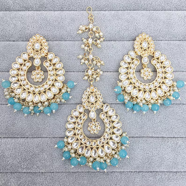 Aqua Blue Kundan Tikka w/ Earring Set- Indian Bridal Maang Tikka, Teeka, Tika Headpiece - Handmade Pearl Jewelry For Women - Bridesmaid Gift