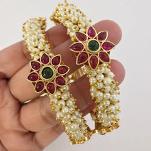 Set of 2 Pearl Ruby Emerald Gold Kemp Openable Bangles(2 PC)/Gold Bangles/Indian Bangles/Kemp bangles/Indian wedding/bridal Gold bangles