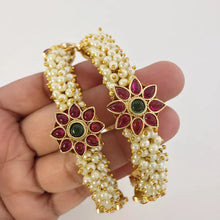 Set of 2 Pearl Ruby Emerald Gold Kemp Openable Bangles(2 PC)/Gold Bangles/Indian Bangles/Kemp bangles/Indian wedding/bridal Gold bangles