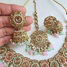 MintPink Antique Polki Kundan Pearl Necklace with earrings and tikka, bridal necklace, Indian Punjabi Pakistani Wedding Jewelry