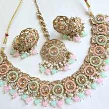 MintPink Antique Polki Kundan Pearl Necklace with earrings and tikka, bridal necklace, Indian Punjabi Pakistani Wedding Jewelry