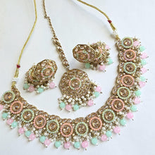MintPink Antique Polki Kundan Pearl Necklace with earrings and tikka, bridal necklace, Indian Punjabi Pakistani Wedding Jewelry
