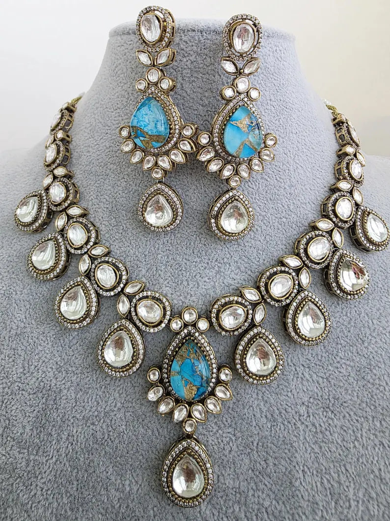 Aqua Blue Victorian Moissanite polki kundan necklace/Sabyasachi Necklace/Kundan Jewelry/Indian wedding collection/Bridal Indian Pakistani