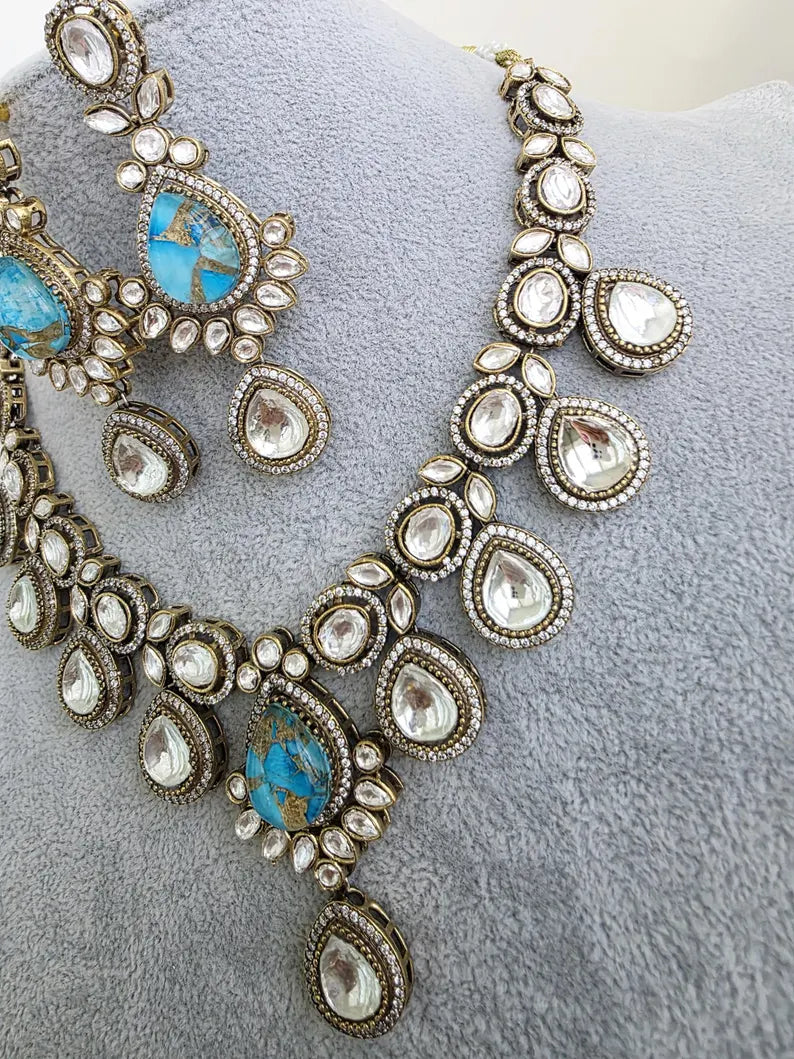 Aqua Blue Victorian Moissanite polki kundan necklace/Sabyasachi Necklace/Kundan Jewelry/Indian wedding collection/Bridal Indian Pakistani