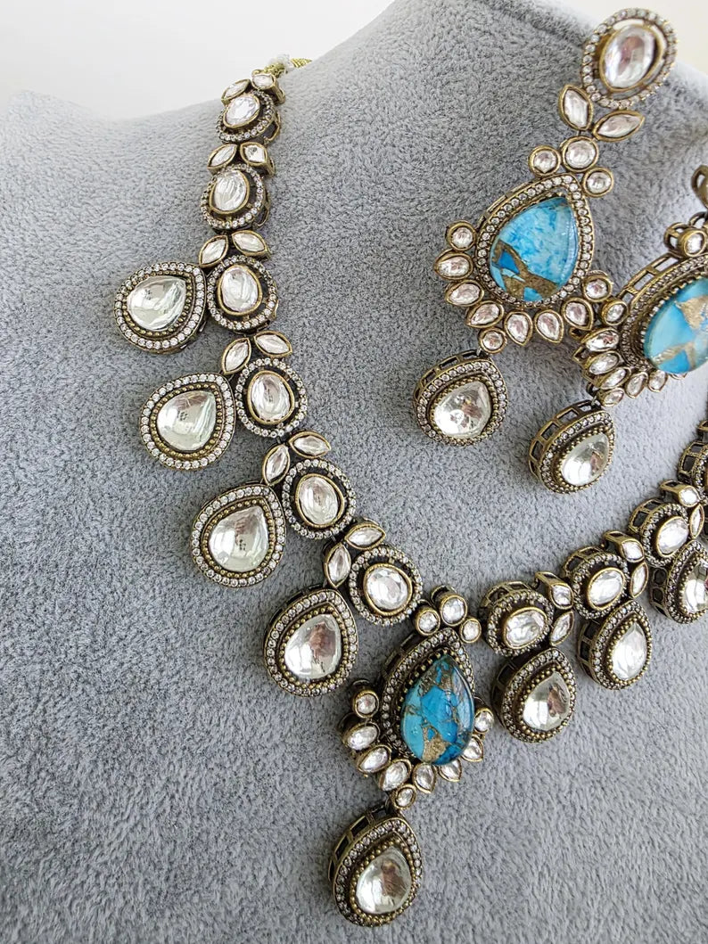 Aqua Blue Victorian Moissanite polki kundan necklace/Sabyasachi Necklace/Kundan Jewelry/Indian wedding collection/Bridal Indian Pakistani