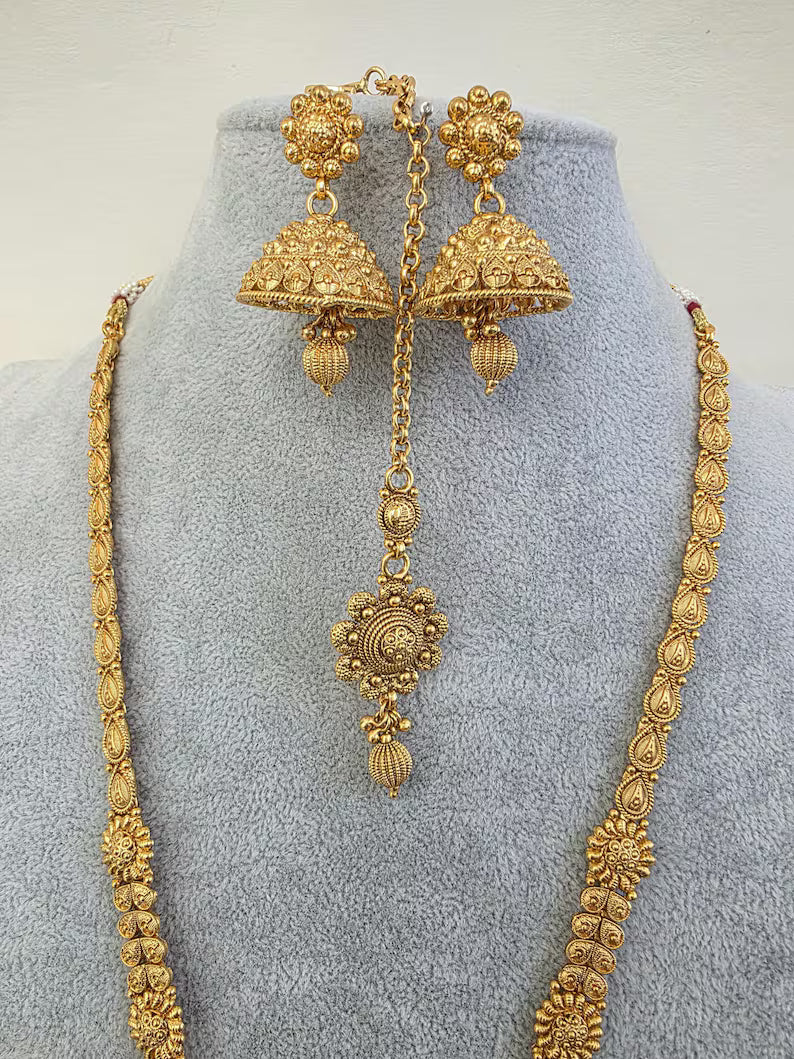 Antique Gold Long Necklace/Indian Necklace/South Indian Necklace/Long Necklace/ Indian Jewelry/Kasu mala/ long Haram, Indian Pakistani Set