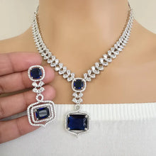 Blue Silver CZ Diamond necklace, American Diamond Necklace,Indian pakistani jewelry for wedding, gift for her, bridal jewelry