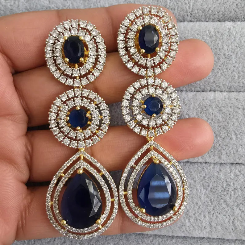Blue Gold American Diamond Earrings/Indian Jewelry/Pakistani Jewelry/Bollywood Jewelry/CZ earrings/AD earrings/Statement earrings/Gift