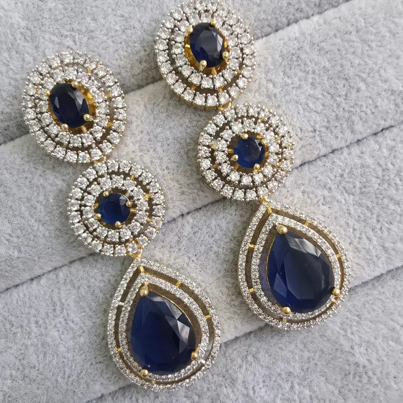 Blue Gold American Diamond Earrings/Indian Jewelry/Pakistani Jewelry/Bollywood Jewelry/CZ earrings/AD earrings/Statement earrings/Gift
