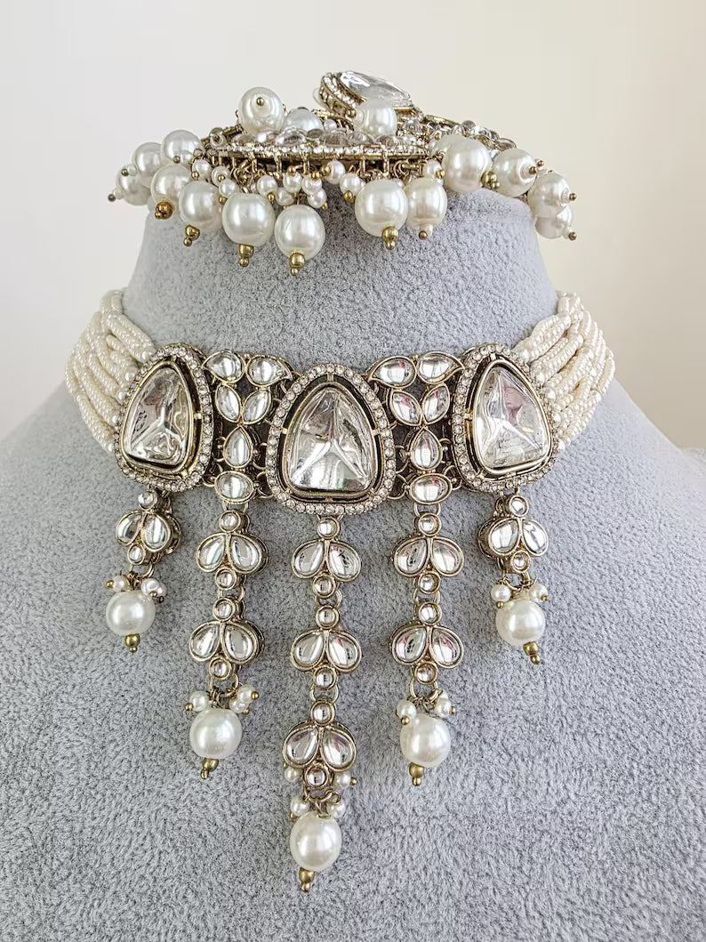 White Pearl Kundan Necklace Set/Kundan Choker/ Bollywood Jewelry/ Indian Pakistani necklace/ punjabi necklace/bridal necklace/indian wedding