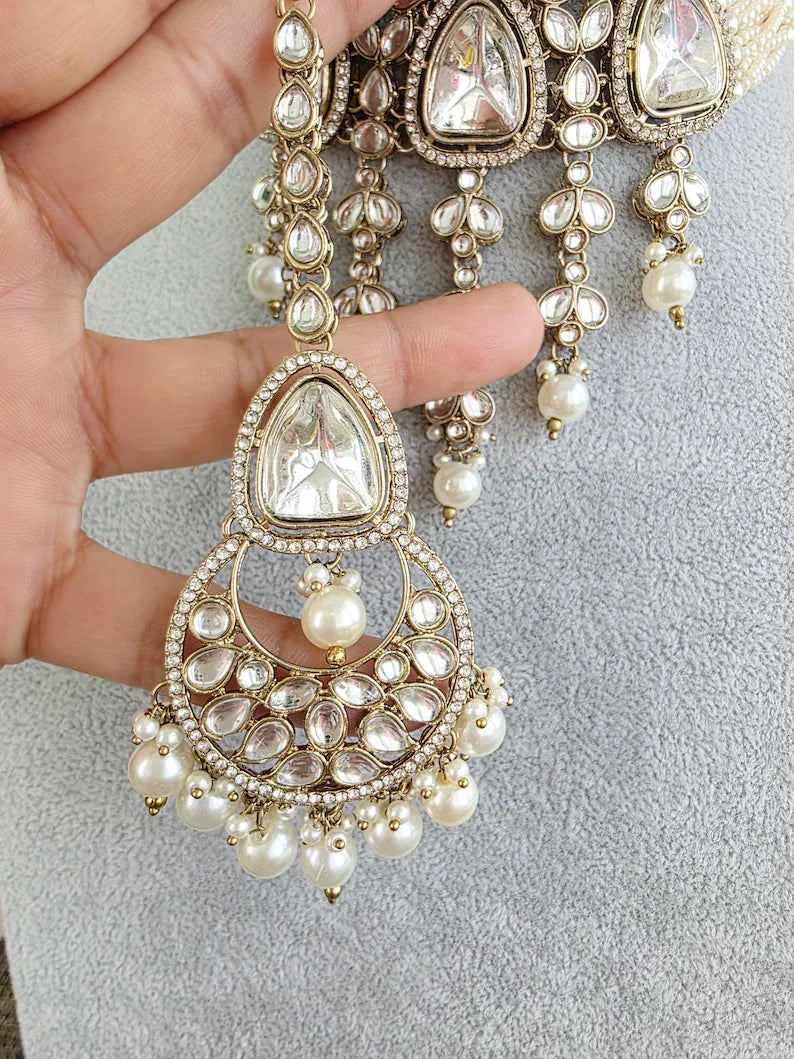 White Pearl Kundan Necklace Set/Kundan Choker/ Bollywood Jewelry/ Indian Pakistani necklace/ punjabi necklace/bridal necklace/indian wedding