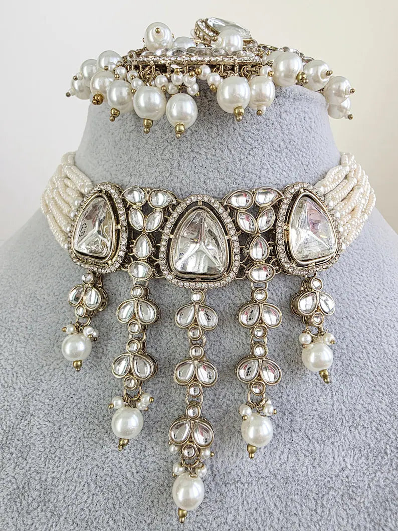 White Pearl Kundan Necklace Set/Kundan Choker/ Bollywood Jewelry/ Indian Pakistani necklace/ punjabi necklace/bridal necklace/indian wedding