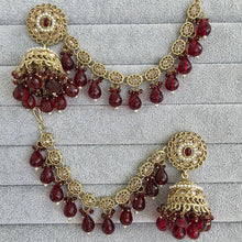 Maroon Polki Pearl bahubali jhumka, Kundan jhumnka, bahubali earrings, Pearl jewelry for wedding, indian pakistani jewelry