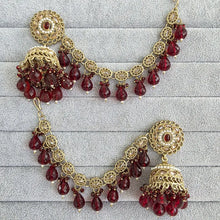 Maroon Polki Pearl bahubali jhumka, Kundan jhumnka, bahubali earrings, Pearl jewelry for wedding, indian pakistani jewelry