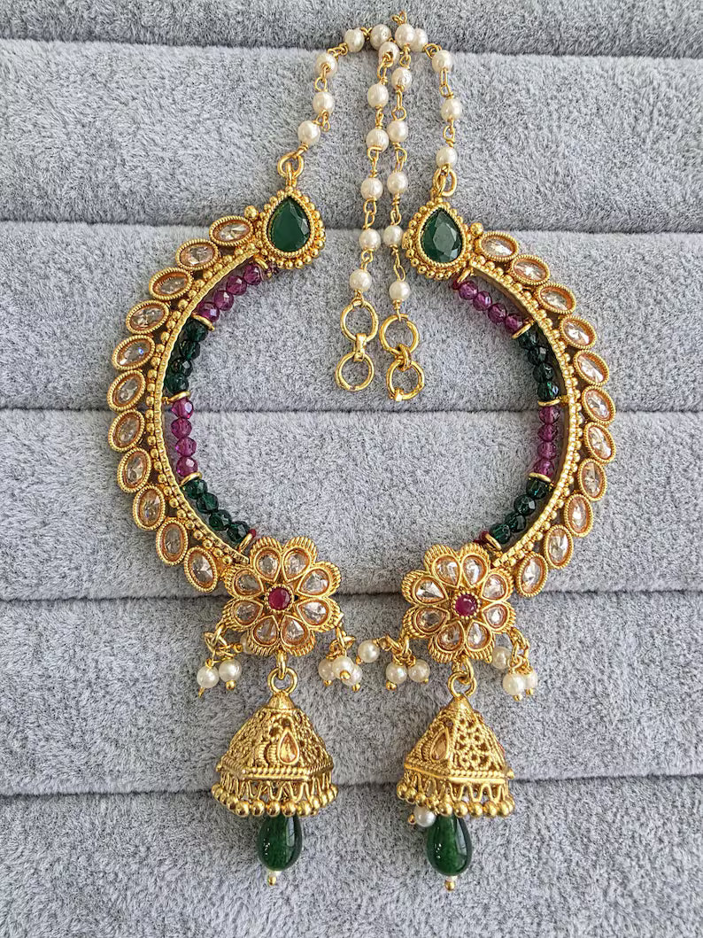 Ruby Green gold plated polki Earcuff Earrings with Pearl sahara/Earcuff Jhumkas/Traditional ethnic earring/Trendy earring/Statement earrings