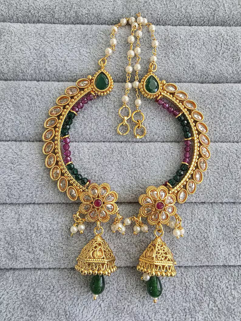 Ruby Green gold plated polki Earcuff Earrings with Pearl sahara/Earcuff Jhumkas/Traditional ethnic earring/Trendy earring/Statement earrings