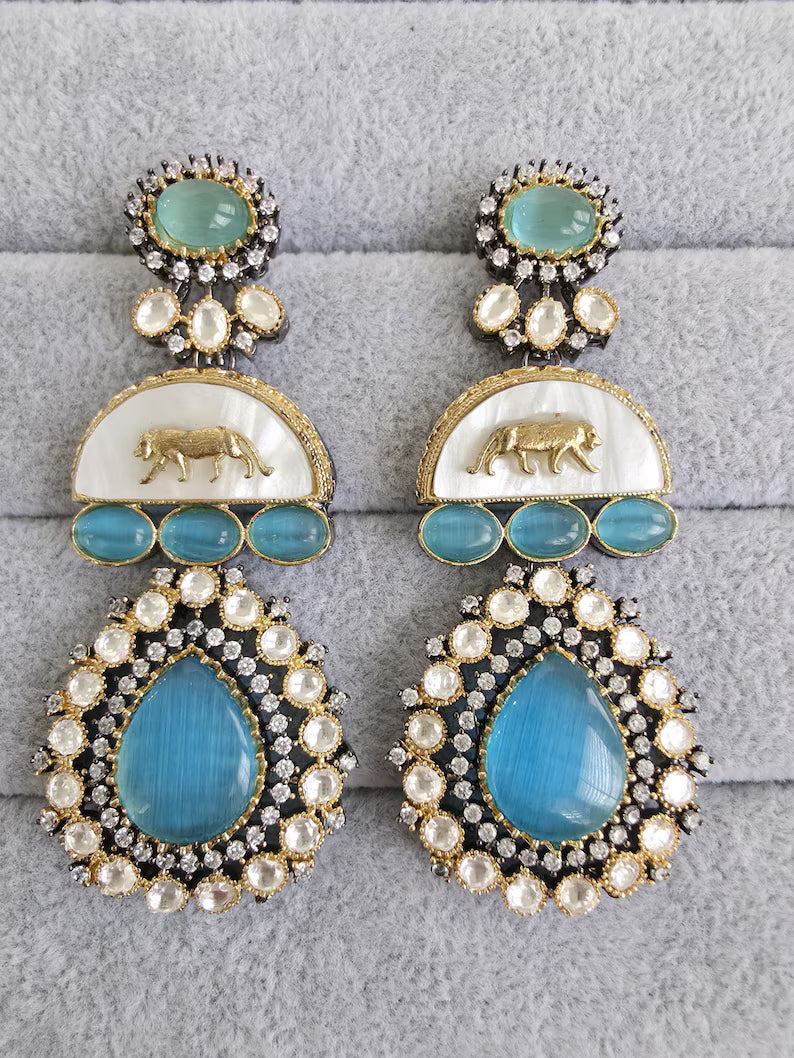 Aqua Blue Sabyasachi-inspired MOP Moissanite Kundan earrings, Victorian earrings,Designer earrings, statement earrings,Gift For her