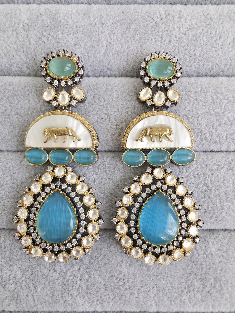 Aqua Blue Sabyasachi-inspired MOP Moissanite Kundan earrings, Victorian earrings,Designer earrings, statement earrings,Gift For her