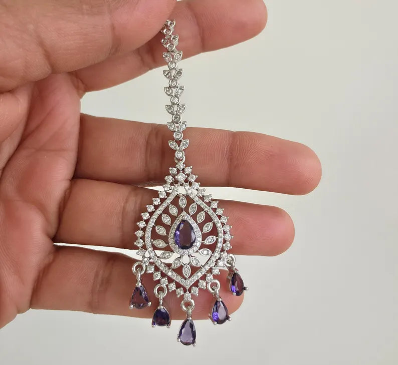 American Diamond Maang tikka/Indian Jewelry/ Indian Wedding Jewelry/ Pakistani Jewelry/ Jhoomer/ Matha patti/ Indian forehead jewelry