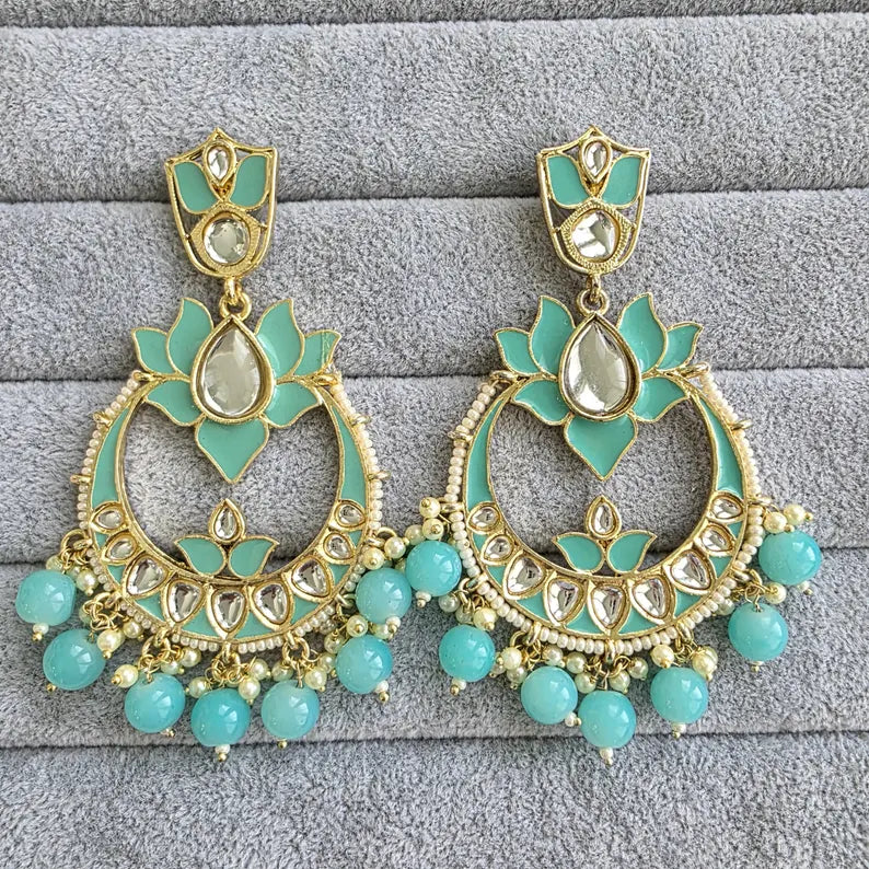 Aqua Blue Kundan Chandbali Earrings Indian Earrings pearl Earring Pakistani Earrings Statement Earrings Long chandelier Indian wedding