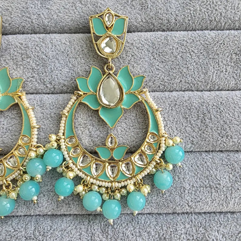 Aqua Blue Kundan Chandbali Earrings Indian Earrings pearl Earring Pakistani Earrings Statement Earrings Long chandelier Indian wedding