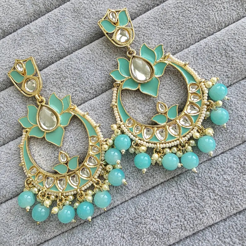 Aqua Blue Kundan Chandbali Earrings Indian Earrings pearl Earring Pakistani Earrings Statement Earrings Long chandelier Indian wedding