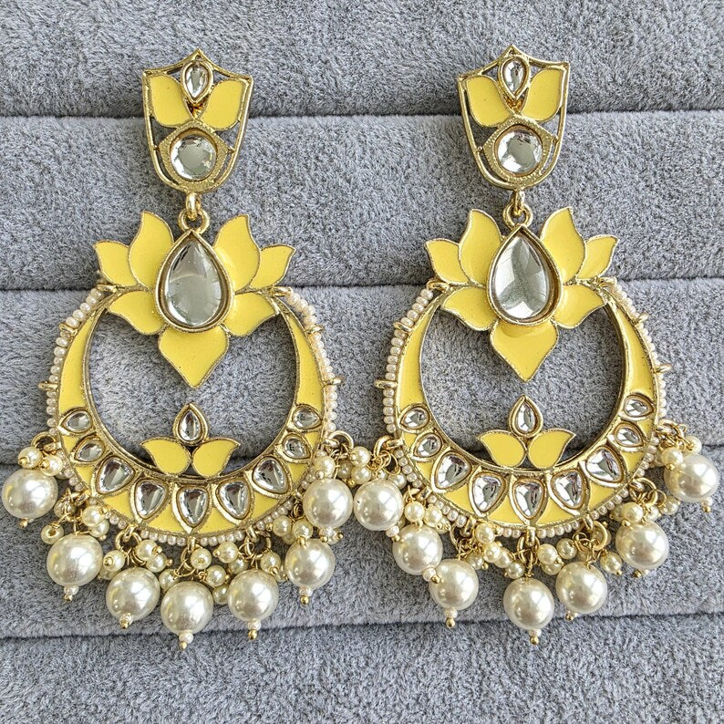 Yellow Kundan Chandbali Earrings Indian Earrings pearl Earring Pakistani Earrings Statement Earrings Long chandelier Indian wedding