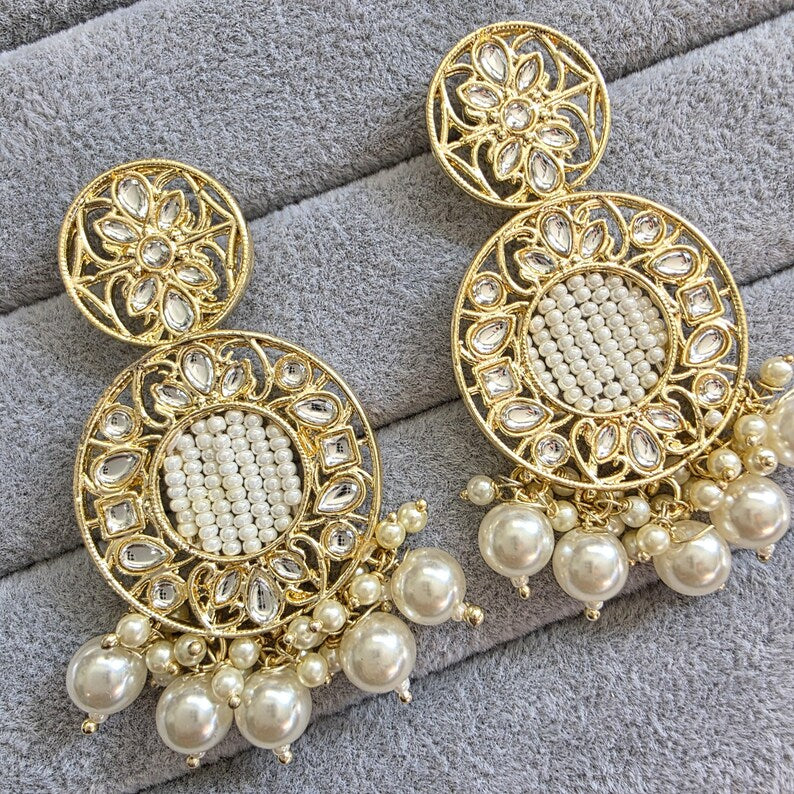 White Kundan Pearl Earrings/Indian Earrings/pearl Earring/Pakistani Earring/Statement Earring/Long chandelier/bridal earrings/Length 65 mm