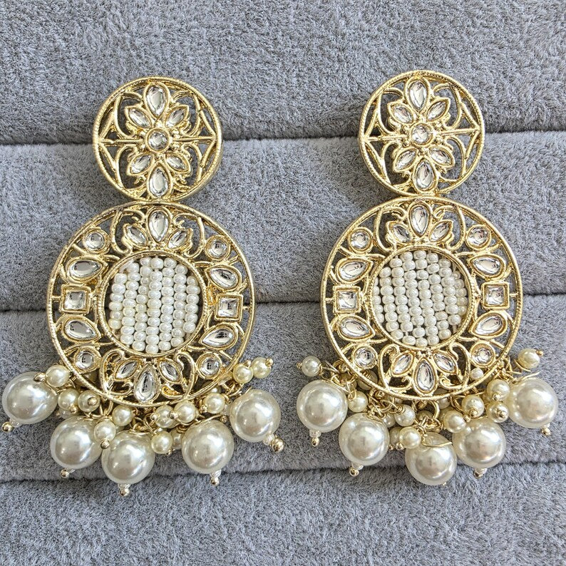 White Kundan Pearl Earrings/Indian Earrings/pearl Earring/Pakistani Earring/Statement Earring/Long chandelier/bridal earrings/Length 65 mm