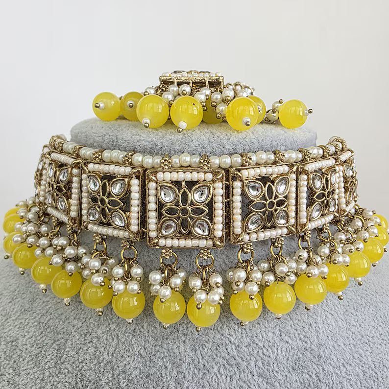 Yellow Kundan Necklace Set/ Kundan Choker/ Bollywood Jewelry/ Indian jewelry/ Pakistani necklace/ punjabi necklace/bridal/indian wedding
