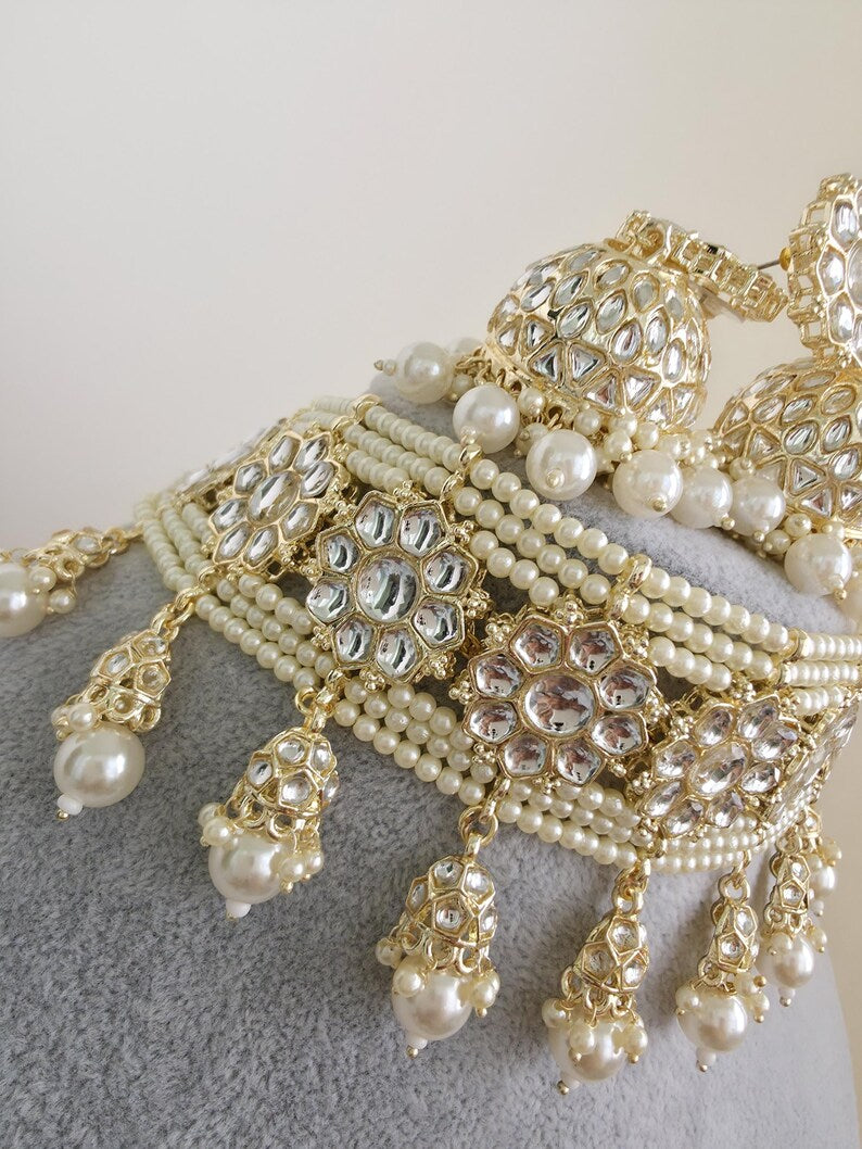White Pearl Kundan Necklace Set/Kundan Choker/ Bollywood Jewelry/ Indian jewelry/ Pakistani necklace/ punjabi necklace/bridal/indian wedding
