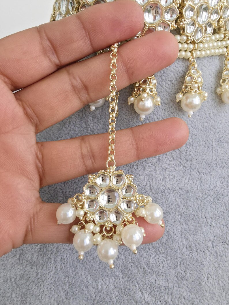 White Pearl Kundan Necklace Set/Kundan Choker/ Bollywood Jewelry/ Indian jewelry/ Pakistani necklace/ punjabi necklace/bridal/indian wedding