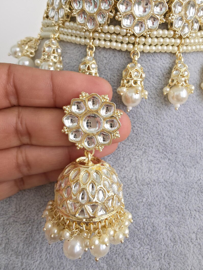 White Pearl Kundan Necklace Set/Kundan Choker/ Bollywood Jewelry/ Indian jewelry/ Pakistani necklace/ punjabi necklace/bridal/indian wedding
