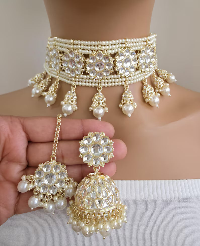 White Pearl Kundan Necklace Set/Kundan Choker/ Bollywood Jewelry/ Indian jewelry/ Pakistani necklace/ punjabi necklace/bridal/indian wedding