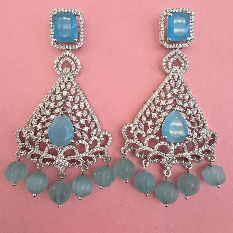 Aqua Blue American Diamond earrings/Indian Jewelry/Pakistani Jewelry/Bollywood Jewelry/CZ earrings/AD earring/Statement earring/Gift for her