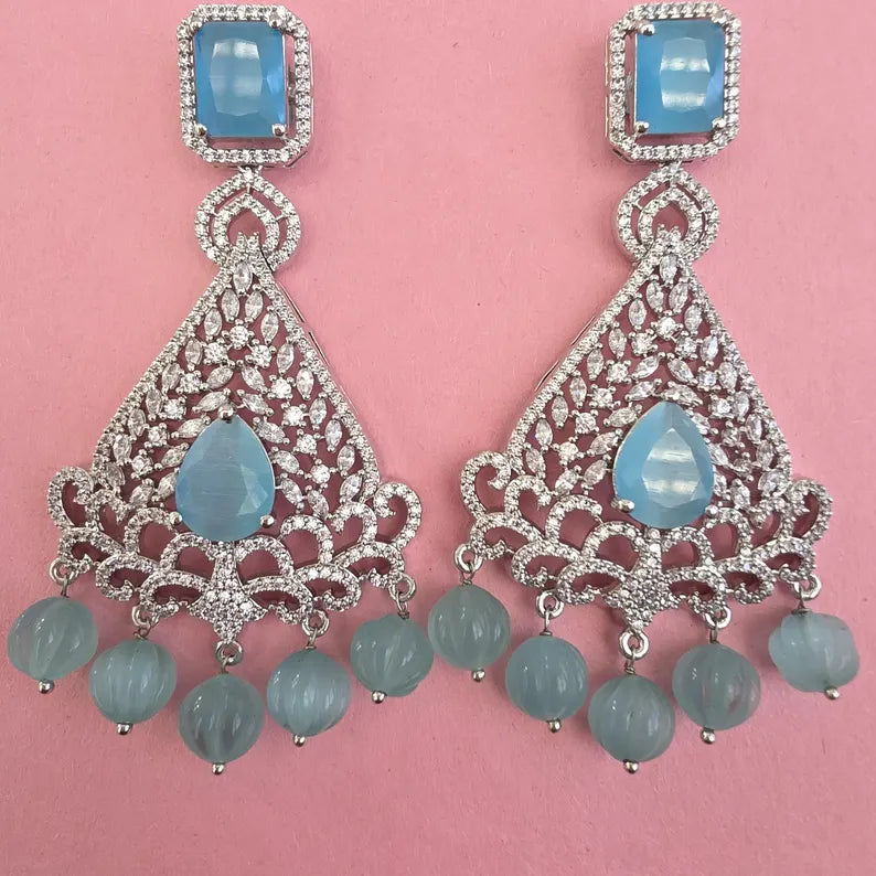 Aqua Blue American Diamond earrings/Indian Jewelry/Pakistani Jewelry/Bollywood Jewelry/CZ earrings/AD earring/Statement earring/Gift for her