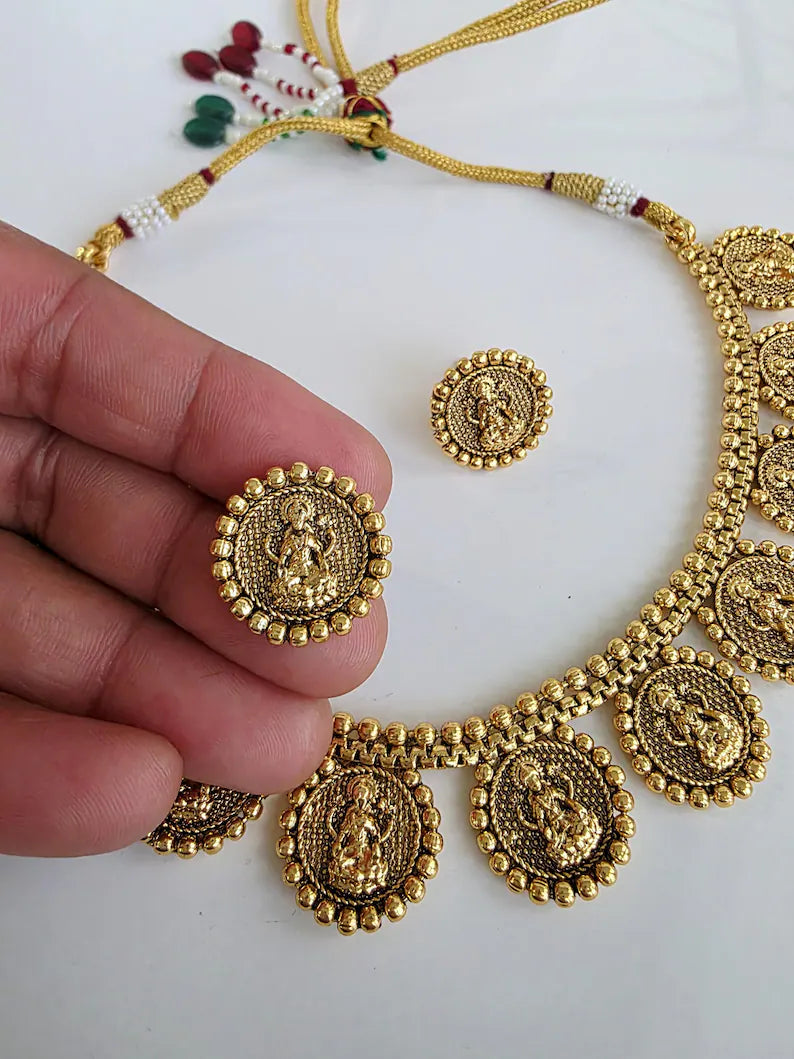 Antique Gold Goddess Laxmi Necklace/South Indian Jewelry/Temple Jewelry/Guttapusalu Necklace/Wedding necklace/Bridal necklace/Indian Necklac