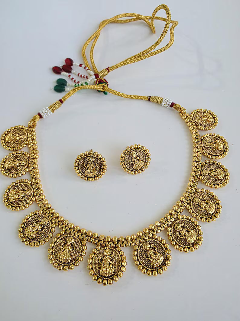 Antique Gold Goddess Laxmi Necklace/South Indian Jewelry/Temple Jewelry/Guttapusalu Necklace/Wedding necklace/Bridal necklace/Indian Necklac