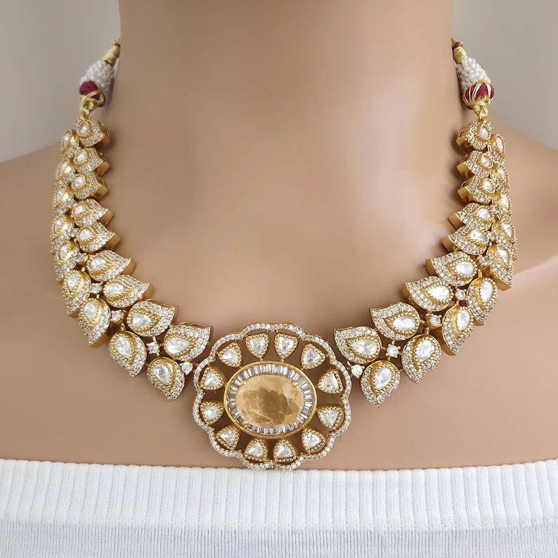 Yellow Victorian Doublet Moissanite polki Cz diamond choker Necklace,Indian Bridal Jewelry,Bollywood Sabyasachi Designer necklace, Pakistani