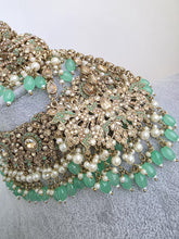 Mint Green Antique Shadow Stone Pearl Choker Necklace with earrings and tikka and Passa Bridal necklace Indian Pakistani Punjabi Wedding