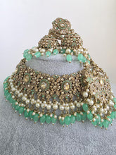 Mint Green Antique Shadow Stone Pearl Choker Necklace with earrings and tikka and Passa Bridal necklace Indian Pakistani Punjabi Wedding