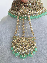 Mint Green Antique Shadow Stone Pearl Choker Necklace with earrings and tikka and Passa Bridal necklace Indian Pakistani Punjabi Wedding