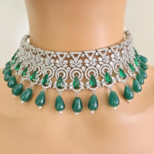 Green Silver CZ Diamond Bridal necklace, American Diamond Necklace,Indian pakistani jewelry for wedding, gift for her,bridal jewelry